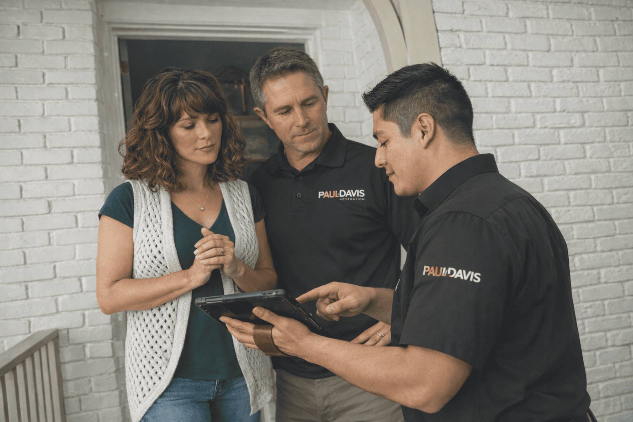 Paul Davis Restoration team reviewing damage assessment with homeowners using tablet – professional property restoration consultation service