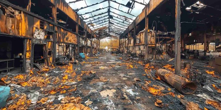 Severe fire damage inside commercial building with debris and active flames – emergency fire damage restoration and cleanup by Paul Davis Restoration