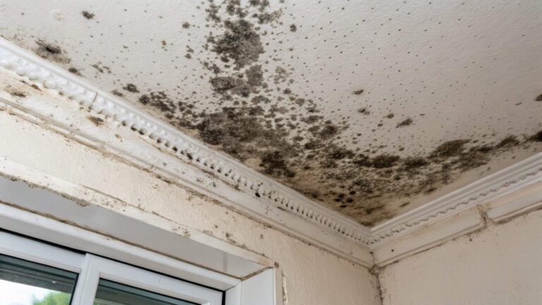 Black mold growth on ceiling and walls from water damage – professional mold remediation and cleanup by Paul Davis Restoration