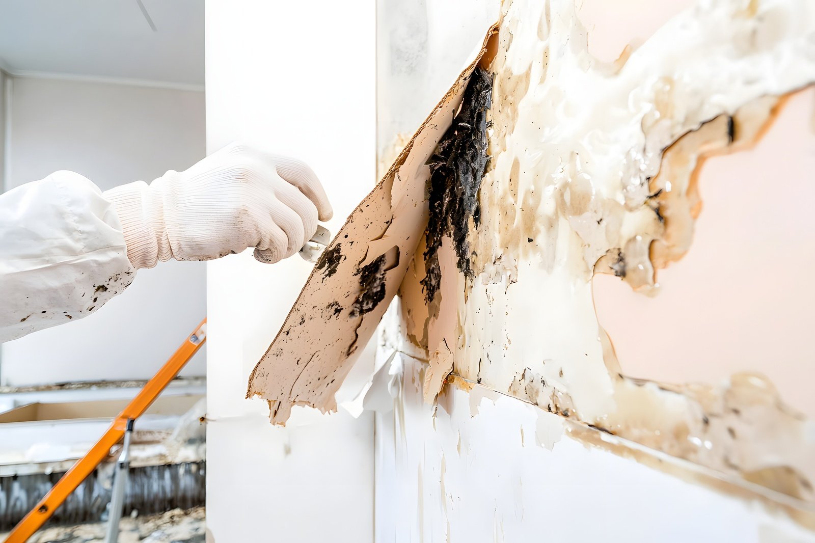 Technician removing water-damaged and mold-contaminated drywall during restoration by Paul Davis Restoration of Portland / Vancouver.